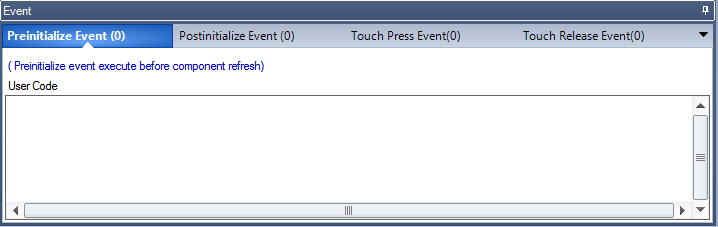 Vue du volet EVENT de l'éditeur NEXTION. Avec les 4 onglets. Preinitialize event, Postinitialise event, Touch presse event, Touche release event.