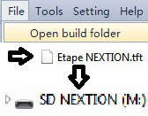 Vue des onglets de menu. Onglet File activé. Choix en sélection "Open build folder". Affichage du dossier et de l'emplacement de destination SD.